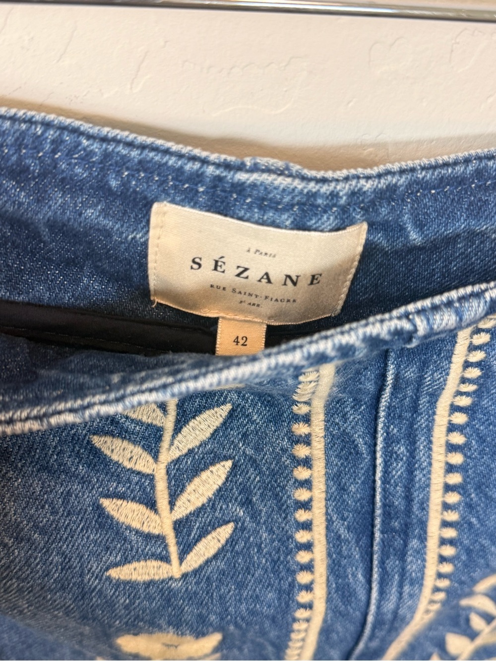 Sezane Embroidered Denim Pencil Skirt in Medium Blue - Picture 5 of 5